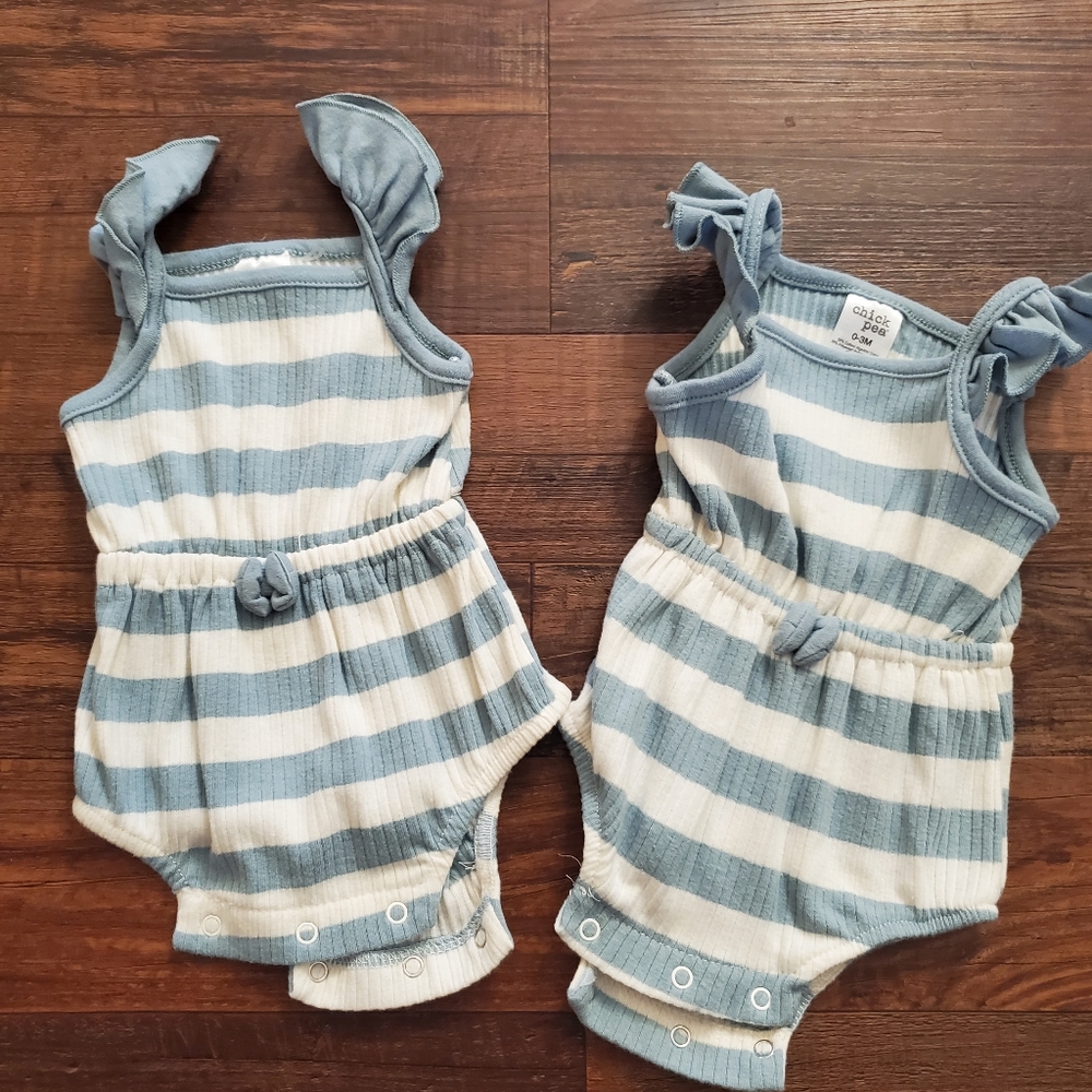 Chick Pea 0-3 month baby girl rompers white and blue matching twin outfits